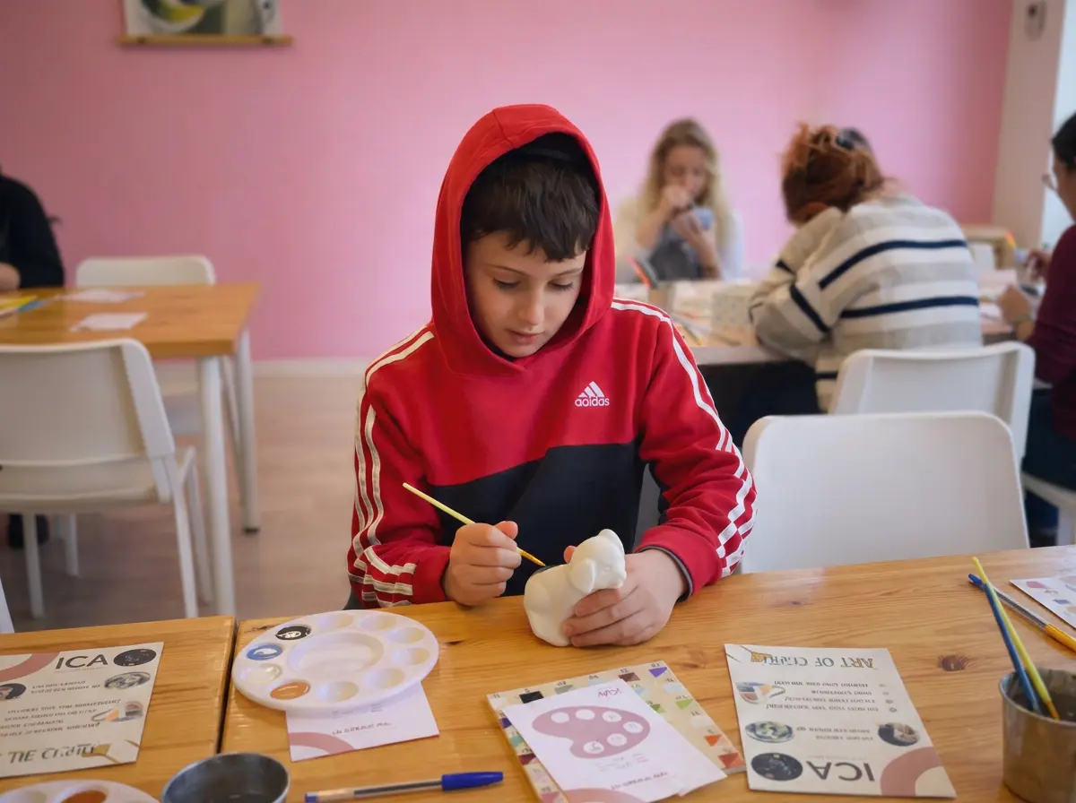 Boy carefully painting a small ceramic figurine